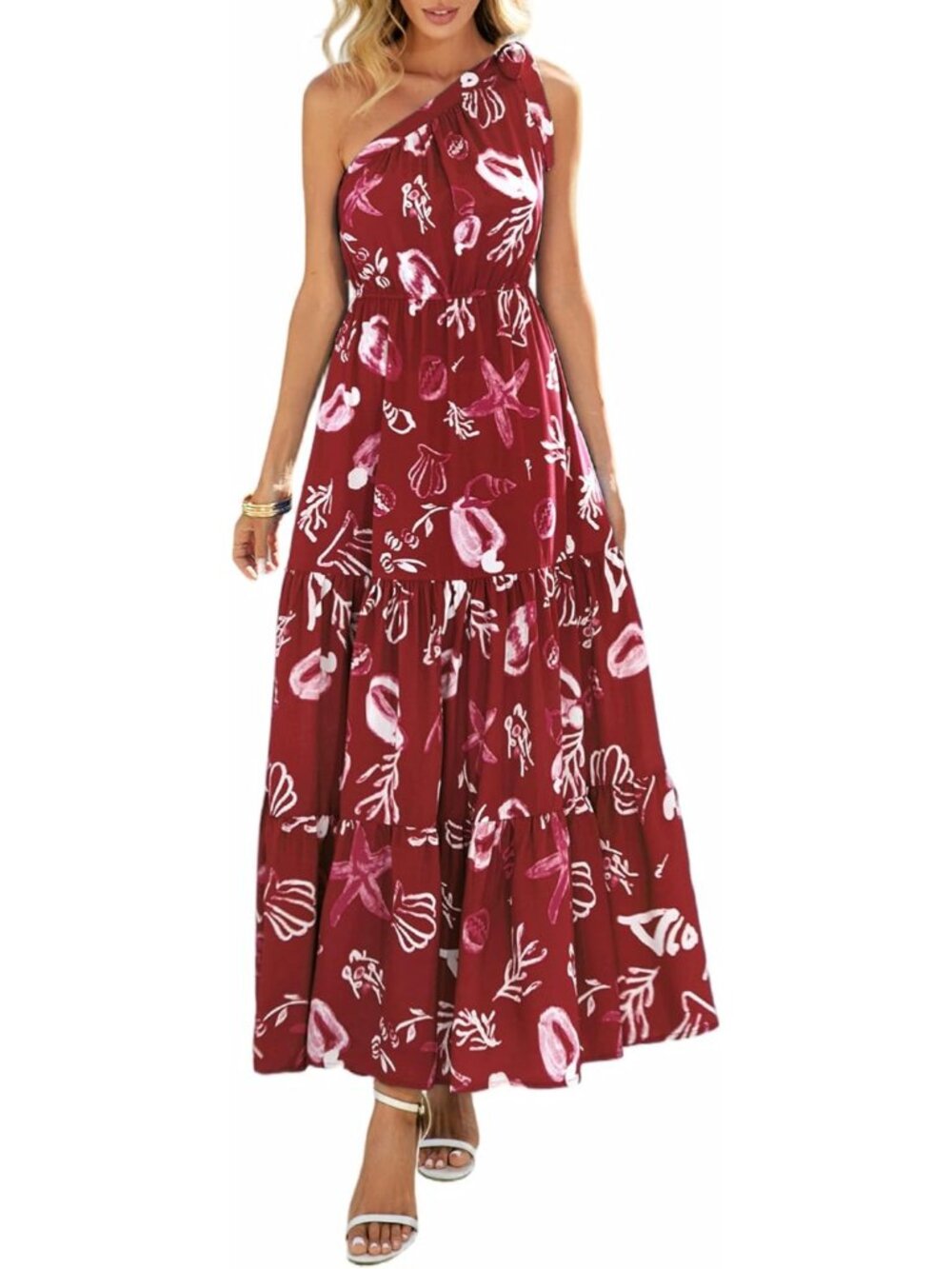 Women's Wine Red Sleeveless Tiered A Line One Shoulder Boho Floral Maxi Dress
